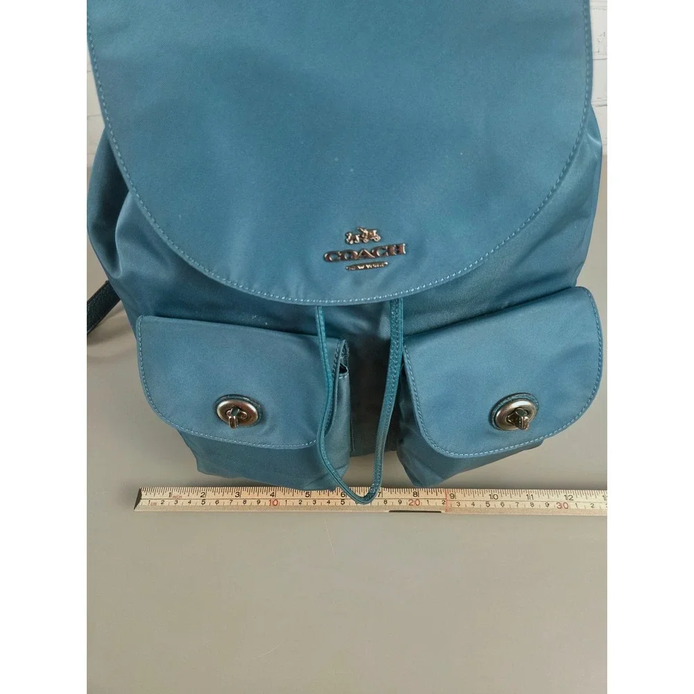Coach Blue Teal Nylon Leather Backpack F58814 Silvertone Turnlock Bag Womens